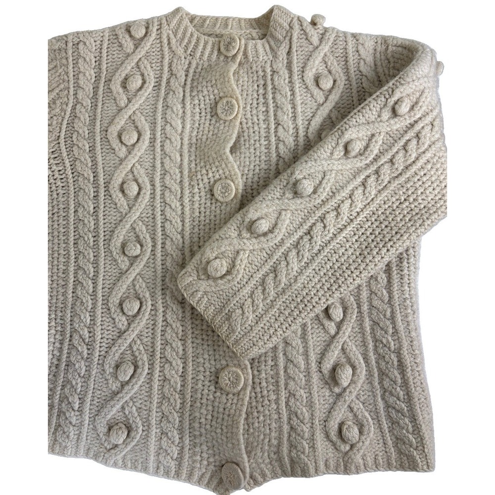 Vintage Handknit Aran Wool Bobble Fisherman Cardigan Womens L Cream Irish Knit